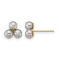 Pair of gold stud earrings, each featuring three white pearls arranged in a triangular cluster configuration.