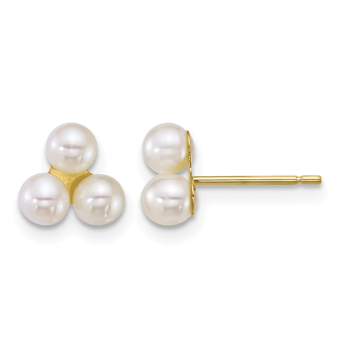 Pair of gold stud earrings, each featuring three clustered white pearls arranged in a triangular formation on a gold post and backing.