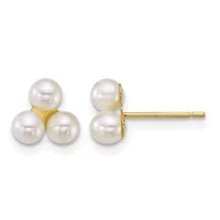 Pair of gold stud earrings, each featuring three clustered white pearls arranged in a triangular formation on a gold post and backing.
