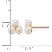 A pair of gold stud earrings with three clustered white pearls each, shown next to a ruler indicating approximately 0.5 inches in width and height.