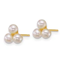 A pair of gold stud earrings, each featuring three clustered white pearls arranged in a triangular formation.