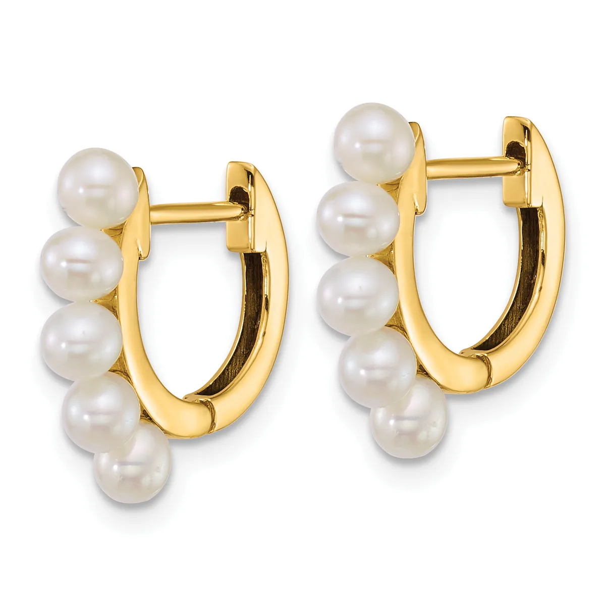 A pair of gold hoop earrings with white pearl beads arranged along the curved sides, shown from the front against a white background.