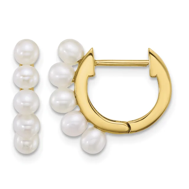 A pair of gold hoop earrings with white pearl beads attached to the outer curved surface, shown from the front.