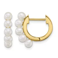 A pair of gold hoop earrings with white pearl beads attached to the outer curved surface, shown from the front.