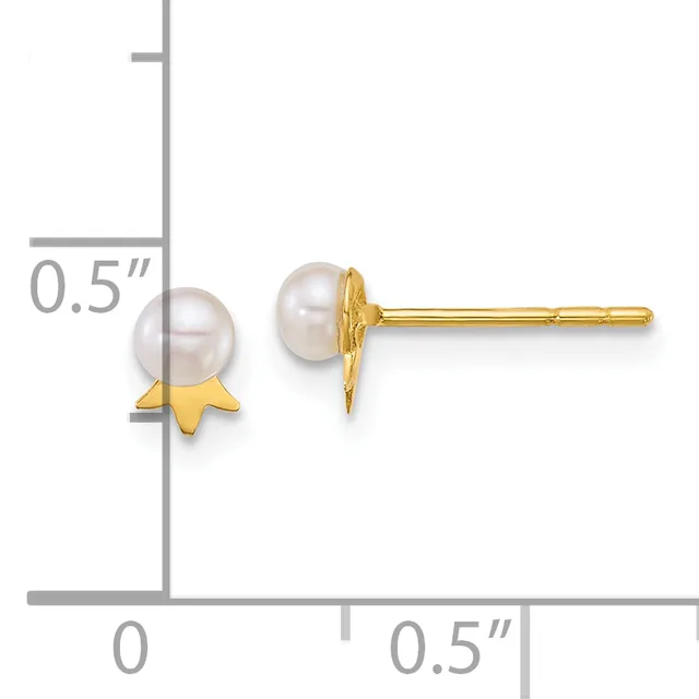 Pair of stud earrings featuring round white pearls mounted on gold star-shaped posts, displayed on a measurement scale showing 0.5 inch height.