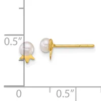 Pair of stud earrings featuring round white pearls mounted on gold star-shaped posts, displayed on a measurement scale showing 0.5 inch height.