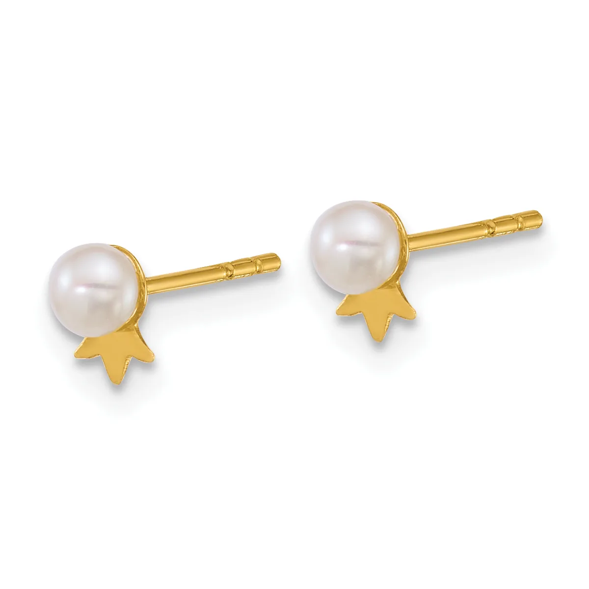 Pair of gold stud earrings featuring white pearls with small gold star charms attached below each pearl.