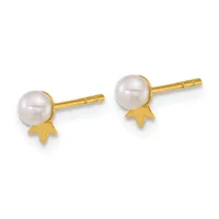 Pair of gold stud earrings featuring white pearls with small gold star charms attached below each pearl.