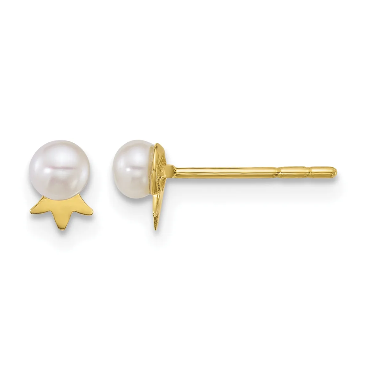 Pair of gold stud earrings featuring white pearl domes set above small four-pointed star shapes, shown from front and side views.