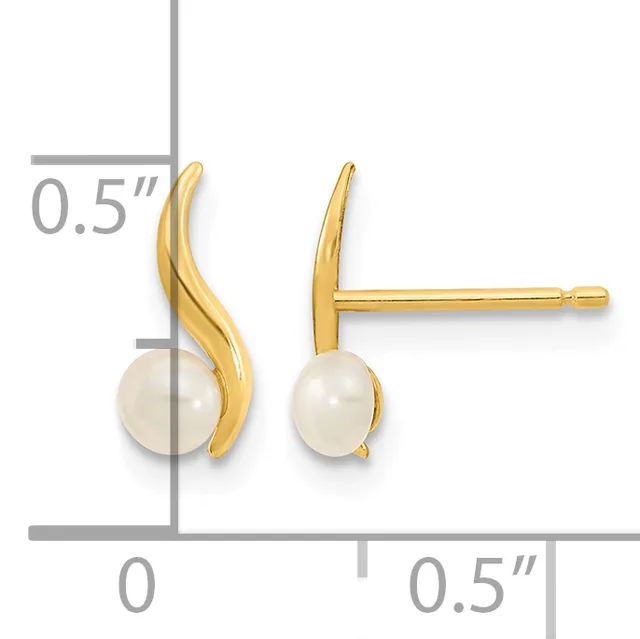 Pair of gold-colored curved earrings with white pearl drops, shown from front and side views with measurement scale indicating approximately 0.5 inches in length.
