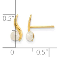 Pair of gold-colored curved earrings with white pearl drops, shown from front and side views with measurement scale indicating approximately 0.5 inches in length.