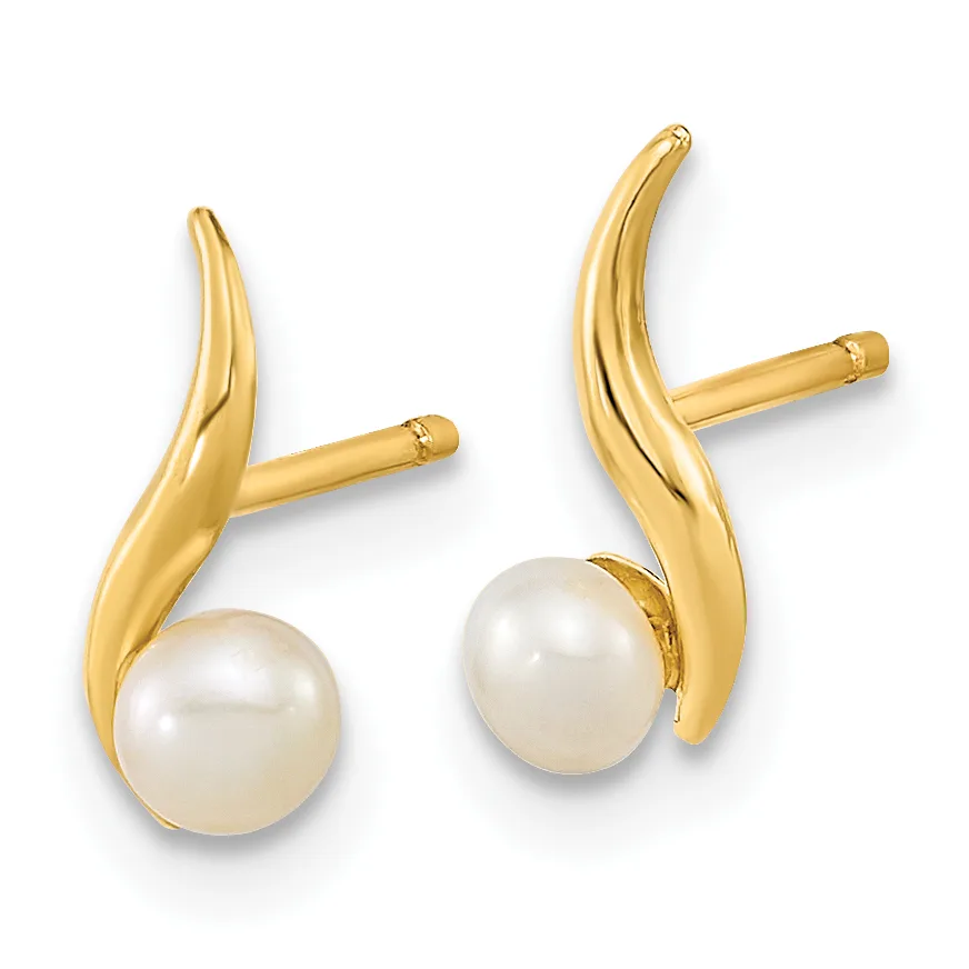 A pair of gold earrings with curved upper posts and small pearls suspended below, shown against a white background.