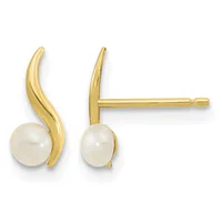 Pair of gold-colored curved earrings with white pearl drops, shown from front and side views with posts and backs visible.