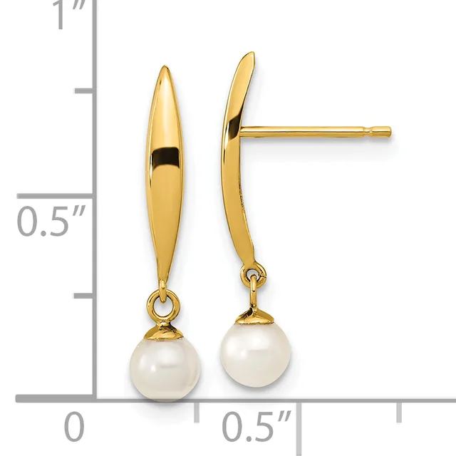 Pair of gold drop earrings with polished oval tops and white pearl drops, shown next to a ruler measuring approximately one inch in length.