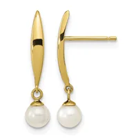 Pair of gold drop earrings with polished oval tops and white pearl drops, shown from front and side views.