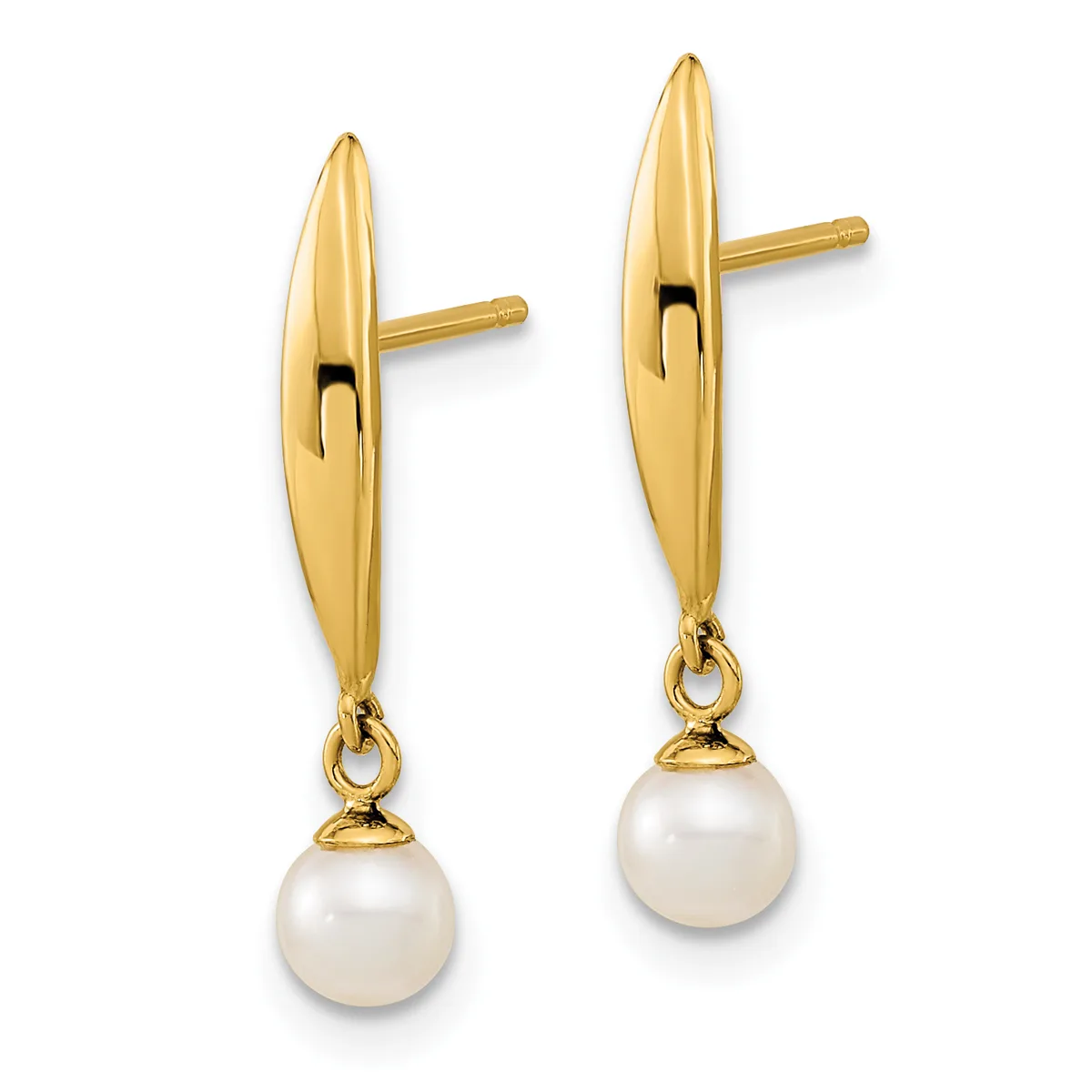 A pair of gold drop earrings with polished elongated oval tops and white pearl drops hanging from small connector rings, shown from the front.