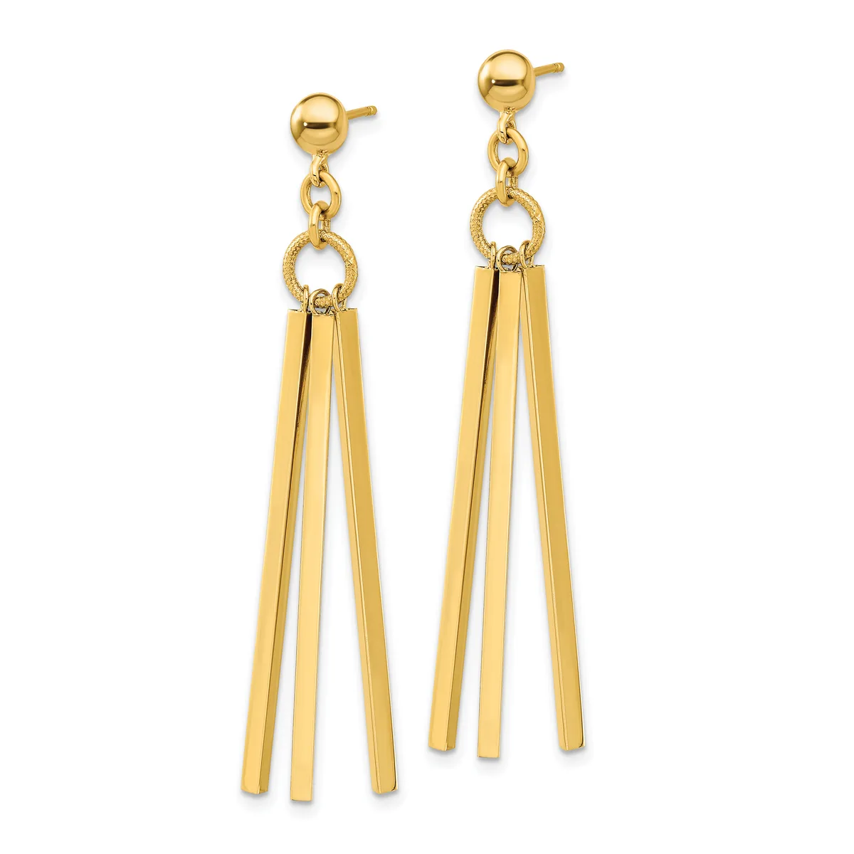 Pair of gold-toned dangle earrings with polished ball studs, textured ring connectors, and three parallel tassel bars hanging from each earring.