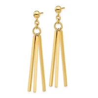 Pair of gold-toned dangle earrings with polished ball studs, textured ring connectors, and three parallel tassel bars hanging from each earring.
