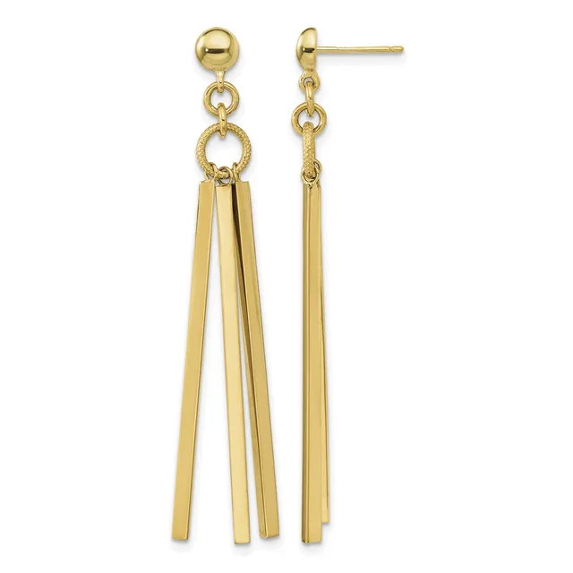 Pair of gold-colored drop earrings with ball studs, featuring dangling rectangular bar strands hanging from circular connectors.