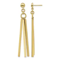 Pair of gold-colored drop earrings with ball studs, featuring dangling rectangular bar strands hanging from circular connectors.