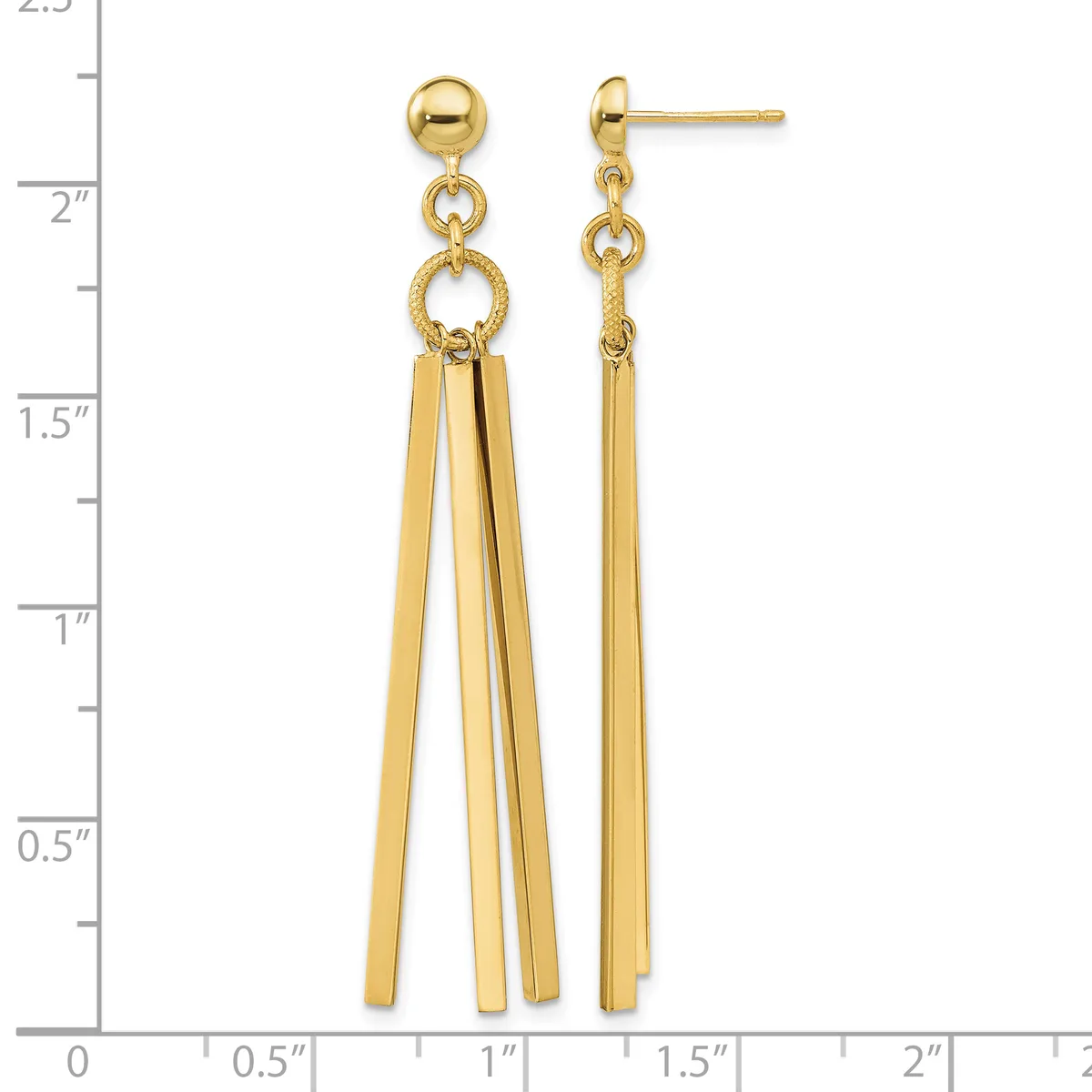 Gold-toned dangle earrings with ball studs, circular connectors, and three parallel rectangular bars hanging from each, displayed against a measurement scale.
