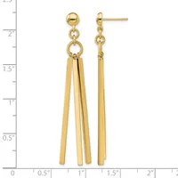 Gold-toned dangle earrings with ball studs, circular connectors, and three parallel rectangular bars hanging from each, displayed against a measurement scale.