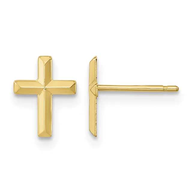 Pair of gold cross stud earrings shown from front and side view, featuring beveled edges and post backs.