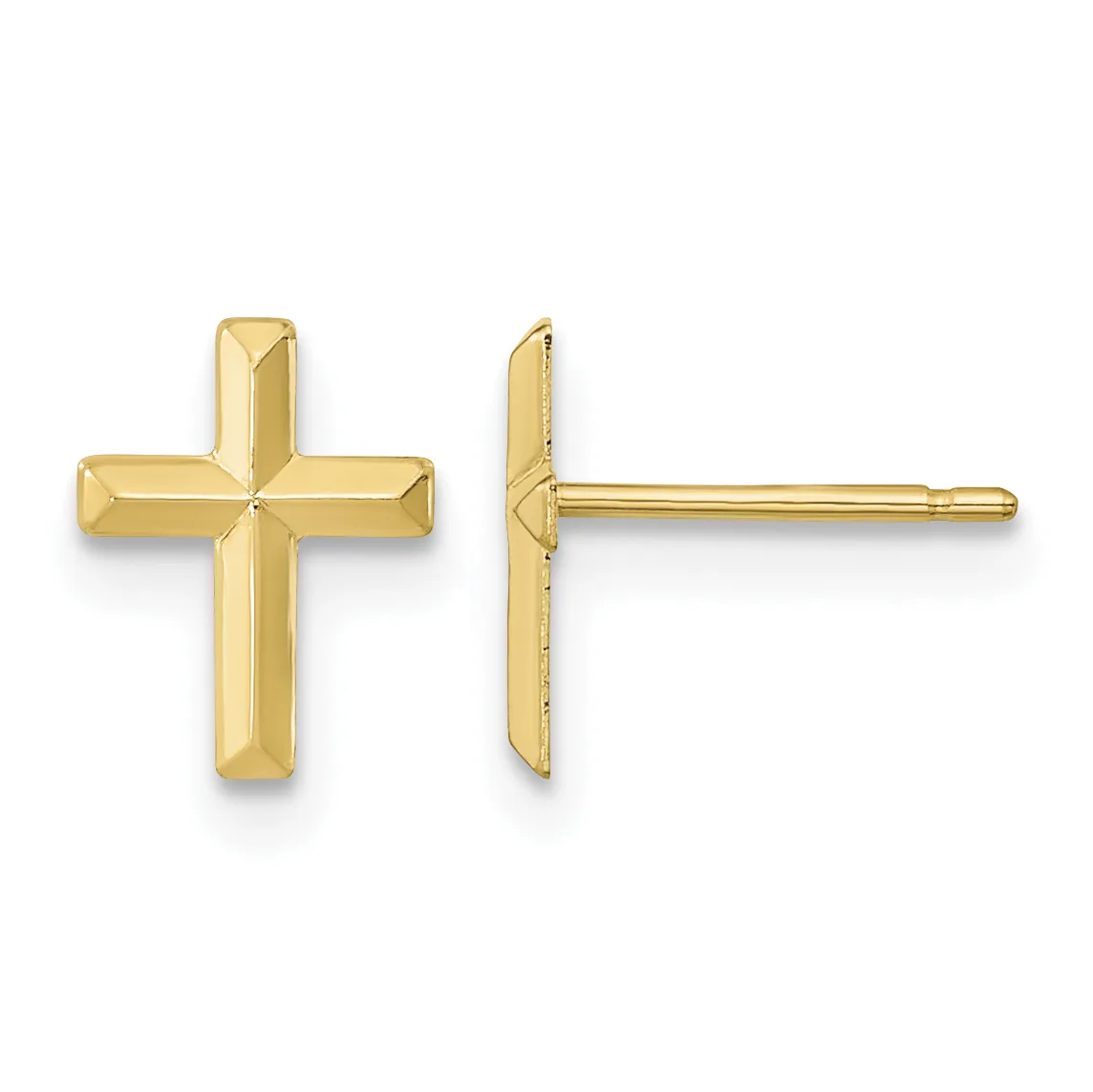 Pair of gold cross stud earrings shown from front and side view, featuring beveled edges and post backs.