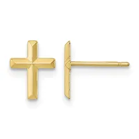 Pair of gold cross stud earrings shown from front and side view, featuring beveled edges and post backs.
