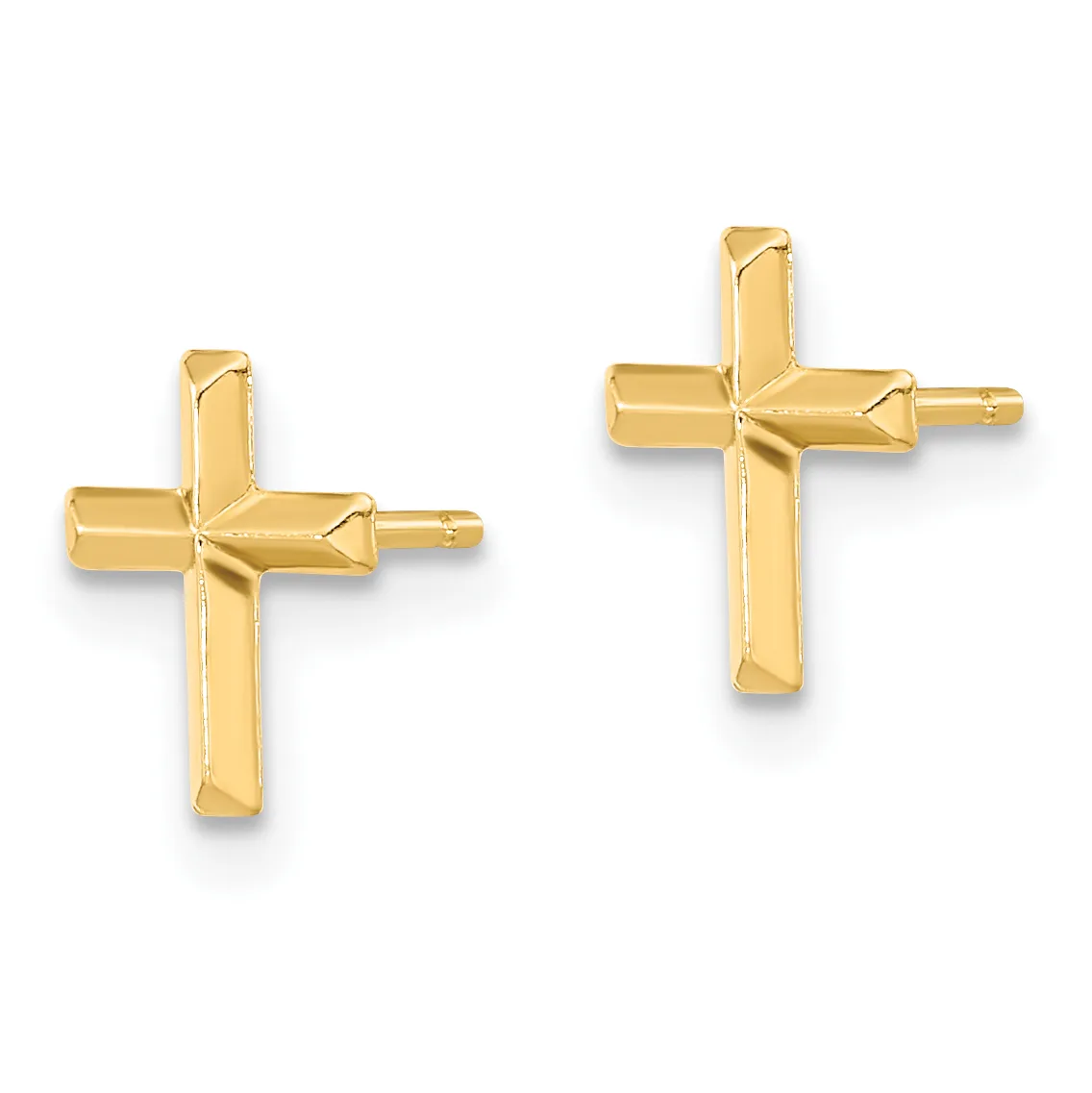 A pair of gold cross stud earrings with polished surfaces and small posts for pierced ears, shown from the front.