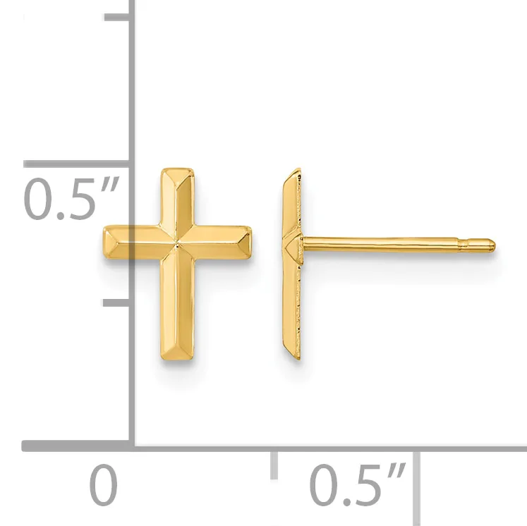 Gold cross stud earrings shown from front and side views with a measurement scale indicating approximately 0.5 inches in height.