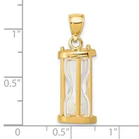 Gold-toned hourglass pendant with clear glass or crystal center and vertical gold bars, shown next to a measurement scale indicating approximately one inch in height.
