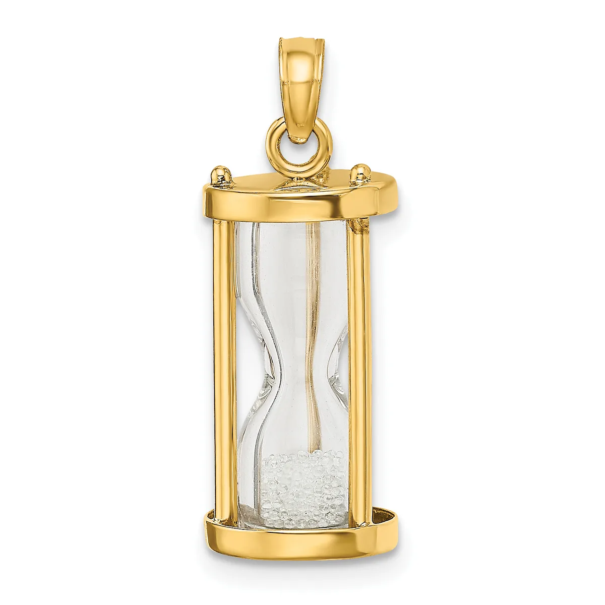 A gold-framed hourglass pendant with glass cylinder containing sand, suspended from a gold bail loop.