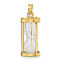 A gold-framed hourglass pendant with glass cylinder containing sand, suspended from a gold bail loop.