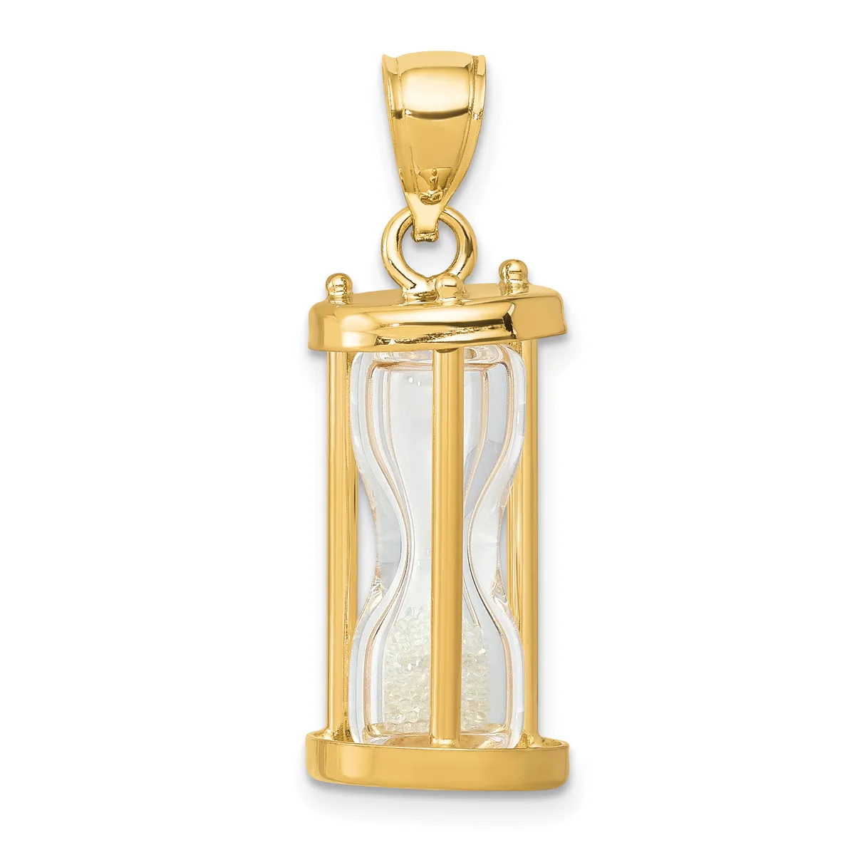A gold hourglass pendant with a rectangular frame, clear glass sides, and sand inside, suspended from a gold bail.