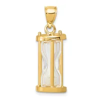 A gold hourglass pendant with a rectangular frame, clear glass sides, and sand inside, suspended from a gold bail.