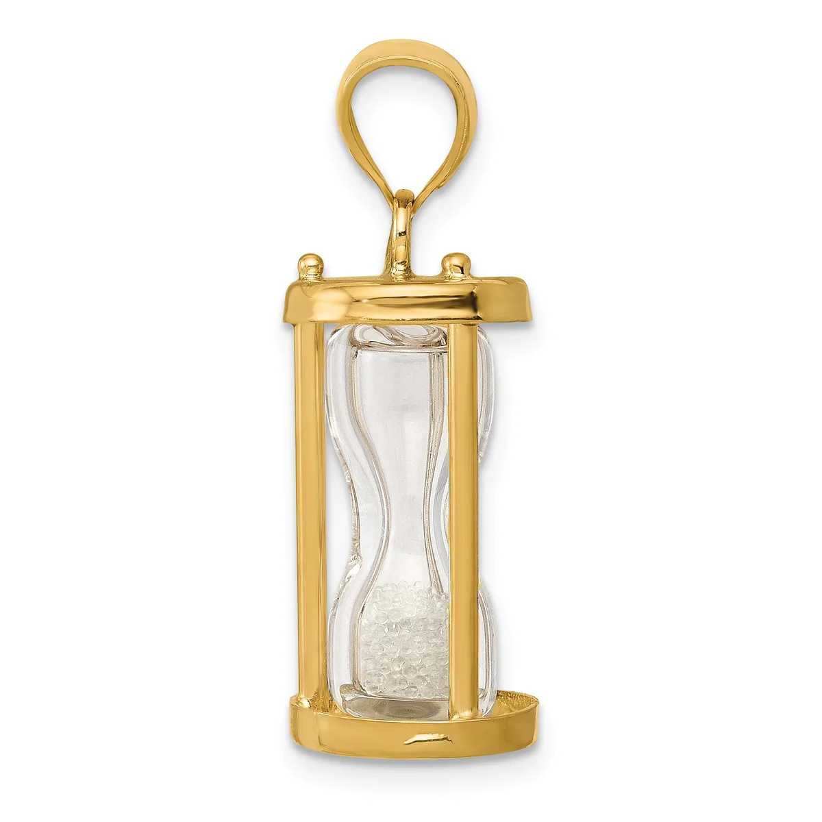 A gold-toned brass hourglass pendant with a teardrop-shaped loop at the top and sand inside the glass chamber.