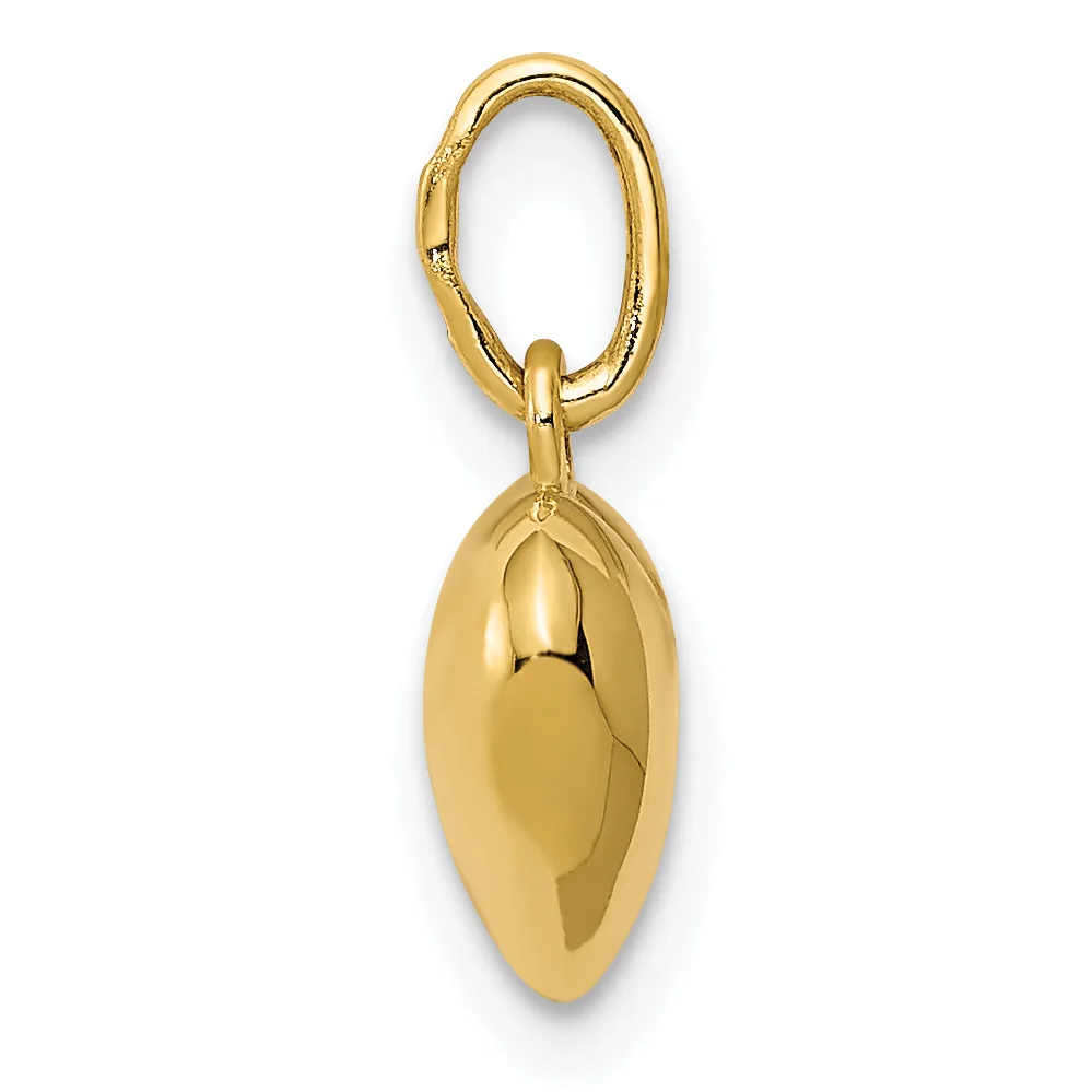 A polished gold oval pendant hanging from a gold oval loop against a white background.