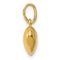 A polished gold oval pendant hanging from a gold oval loop against a white background.