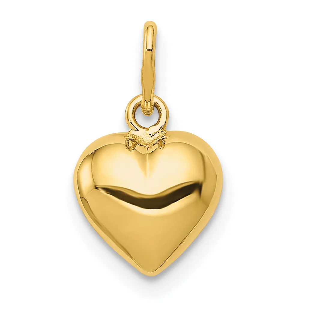 Polished gold-colored heart-shaped pendant with a hinged bail attached to the top.