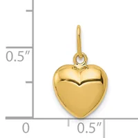 Polished gold-colored heart-shaped pendant with a looped bail, shown next to a ruler indicating approximately 0.5 inches in width and height.