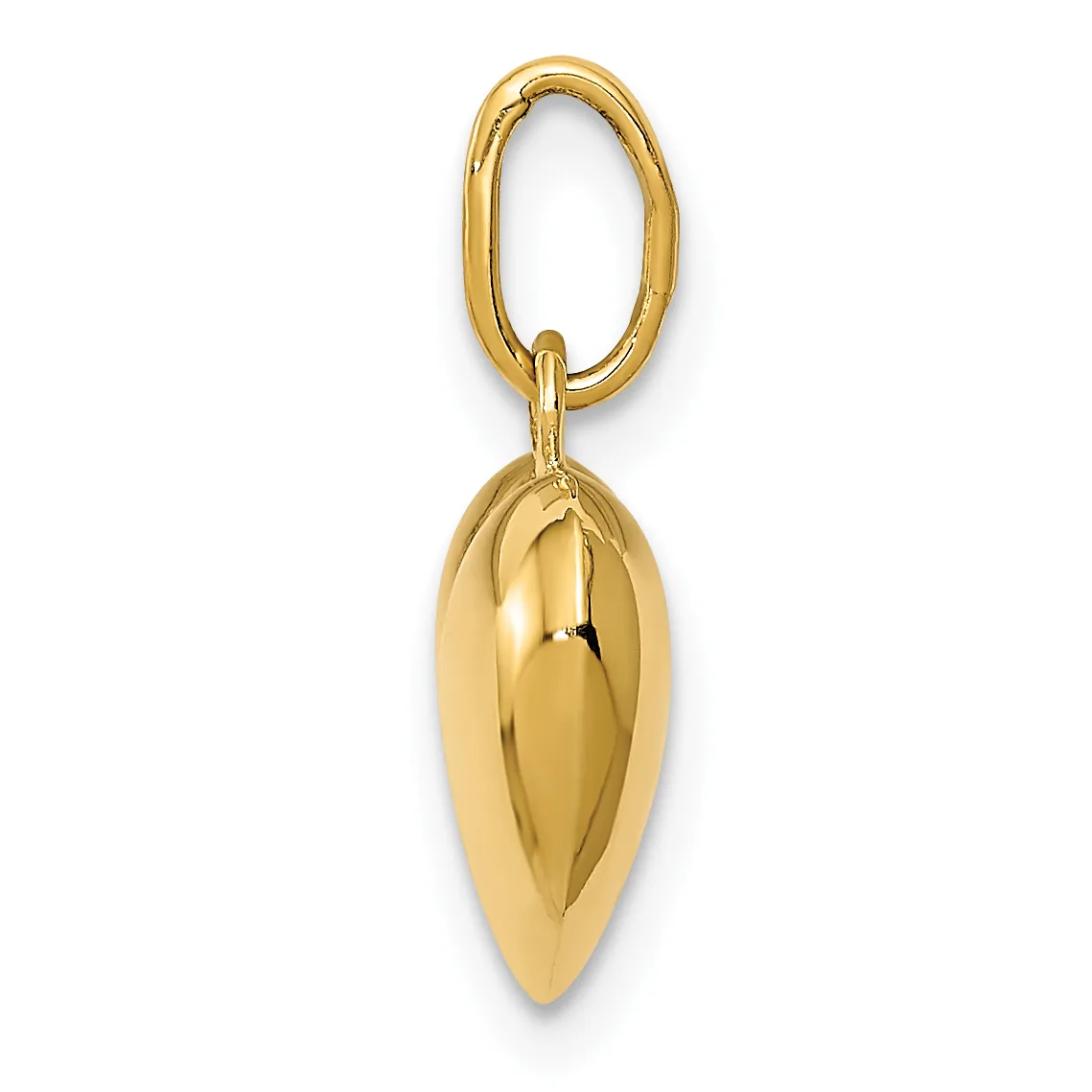 A polished gold teardrop-shaped pendant hanging from an oval gold loop against a white background.