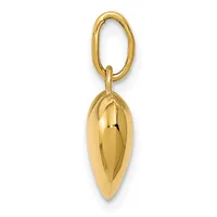 A polished gold teardrop-shaped pendant hanging from an oval gold loop against a white background.