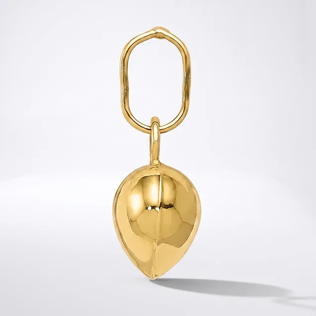 A polished gold-toned keychain featuring an oval loop at the top and a hollow spherical pendant with vertical seams hanging below it.