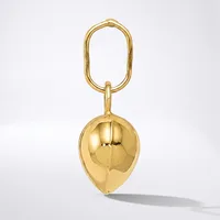 A polished gold-toned keychain featuring an oval loop at the top and a hollow spherical pendant with vertical seams hanging below it.