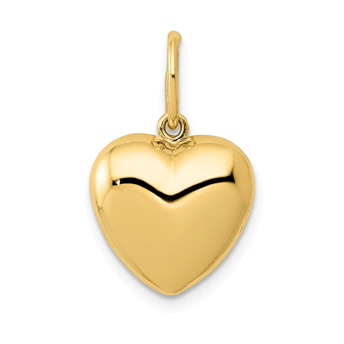 A polished gold heart-shaped pendant with a subtle V-shaped indent at the top, suspended from a thin gold bail.