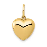 A polished gold heart-shaped pendant with a subtle V-shaped indent at the top, suspended from a thin gold bail.