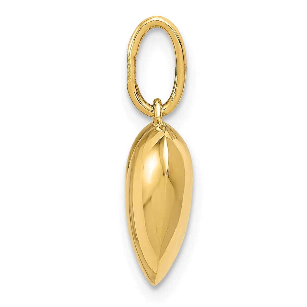 A polished gold leaf-shaped pendant hanging from a gold oval loop against a white background.