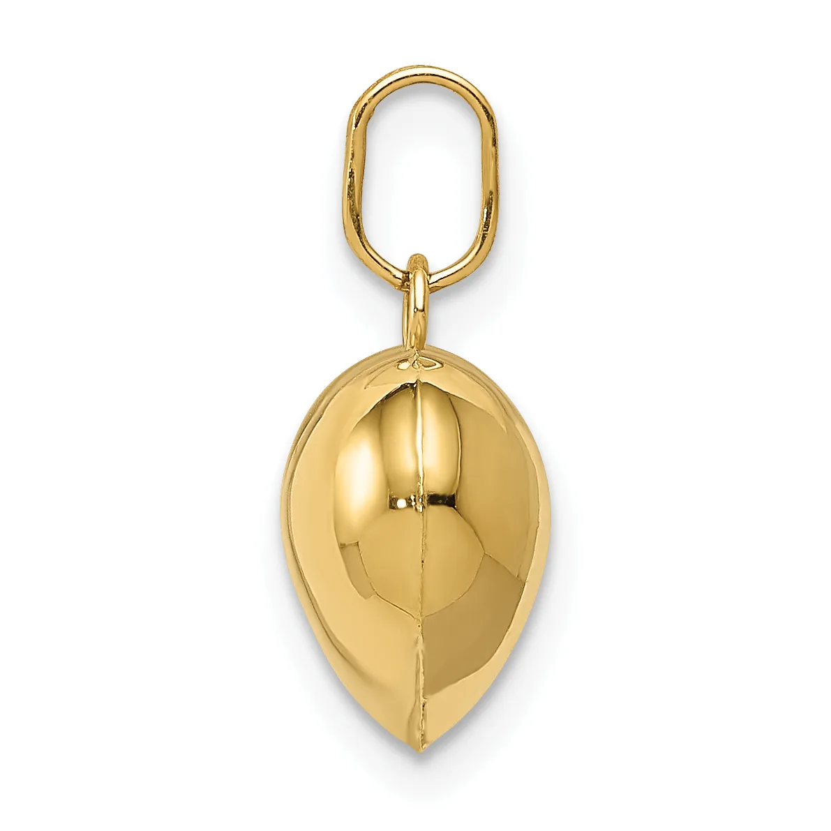 A gold-toned metal keychain pendant shaped like a leaf with a polished finish, suspended from an oval loop.
