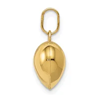 A gold-toned metal keychain pendant shaped like a leaf with a polished finish, suspended from an oval loop.